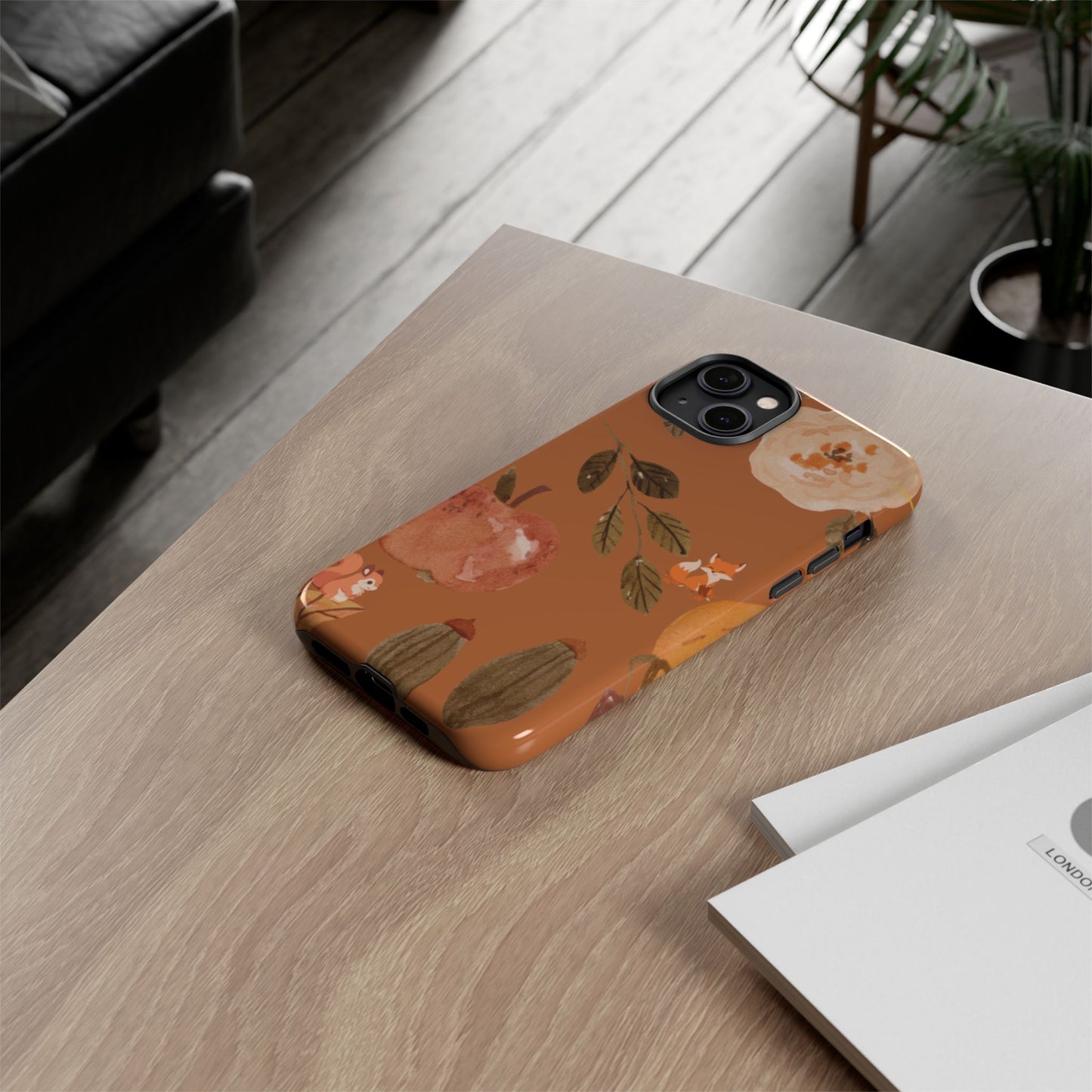 Cozy Autumn Phone Case, Fall-Themed Protective Cover, Cute Nature Design, Squirrel and Apple Motif, Cozy Gift for Nature Lovers