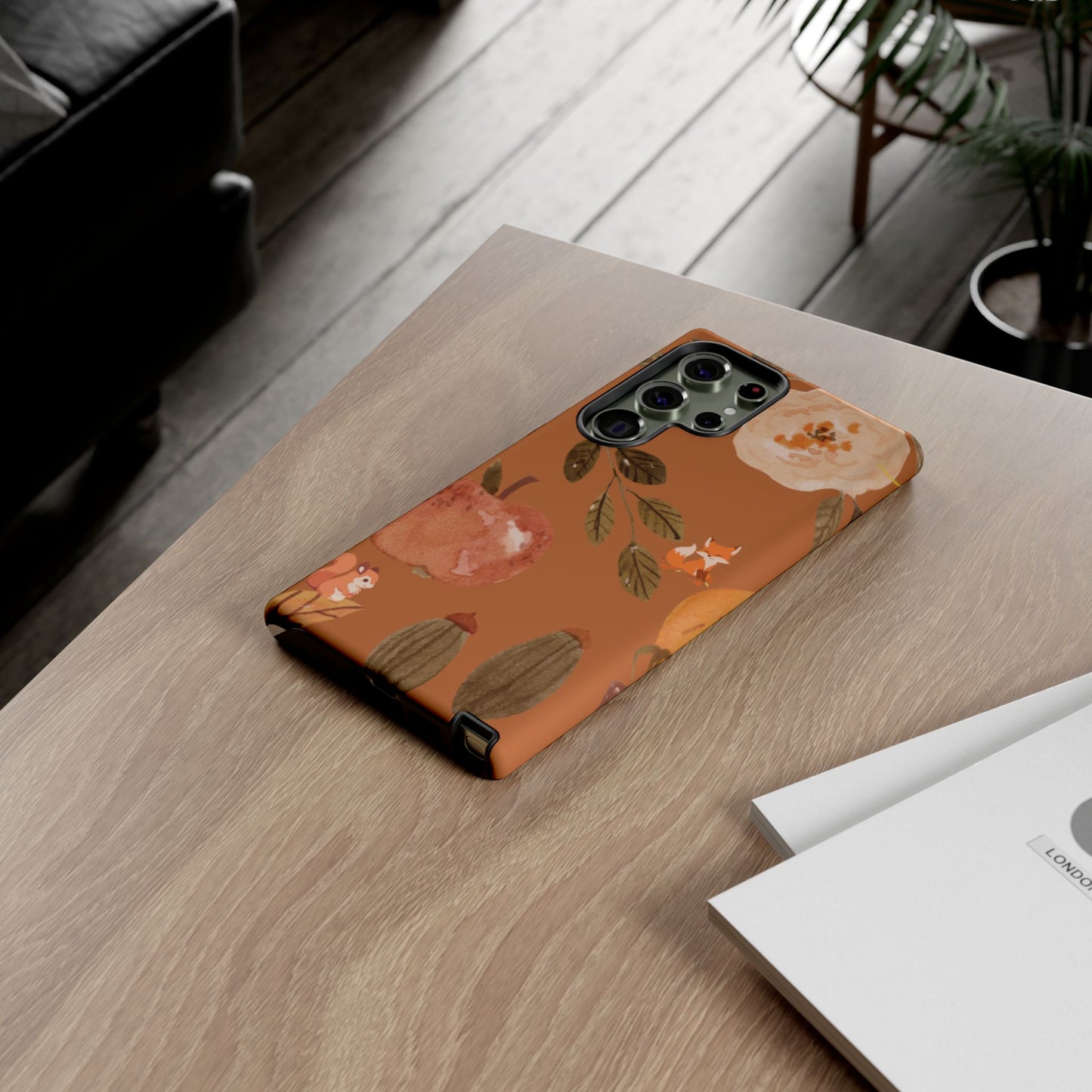Cozy Autumn Phone Case, Fall-Themed Protective Cover, Cute Nature Design, Squirrel and Apple Motif, Cozy Gift for Nature Lovers