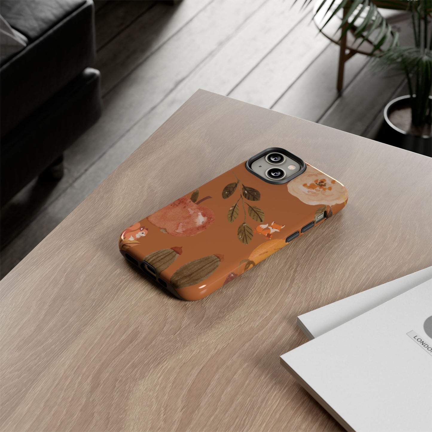 Cozy Autumn Phone Case, Fall-Themed Protective Cover, Cute Nature Design, Squirrel and Apple Motif, Cozy Gift for Nature Lovers