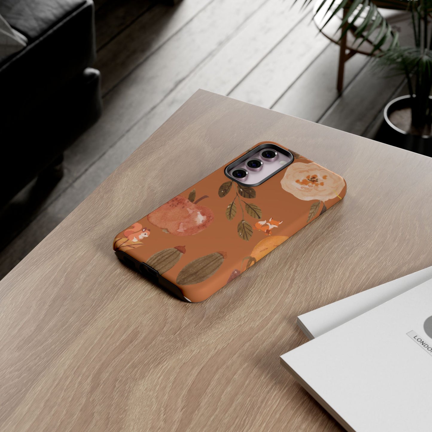 Cozy Autumn Phone Case, Fall-Themed Protective Cover, Cute Nature Design, Squirrel and Apple Motif, Cozy Gift for Nature Lovers