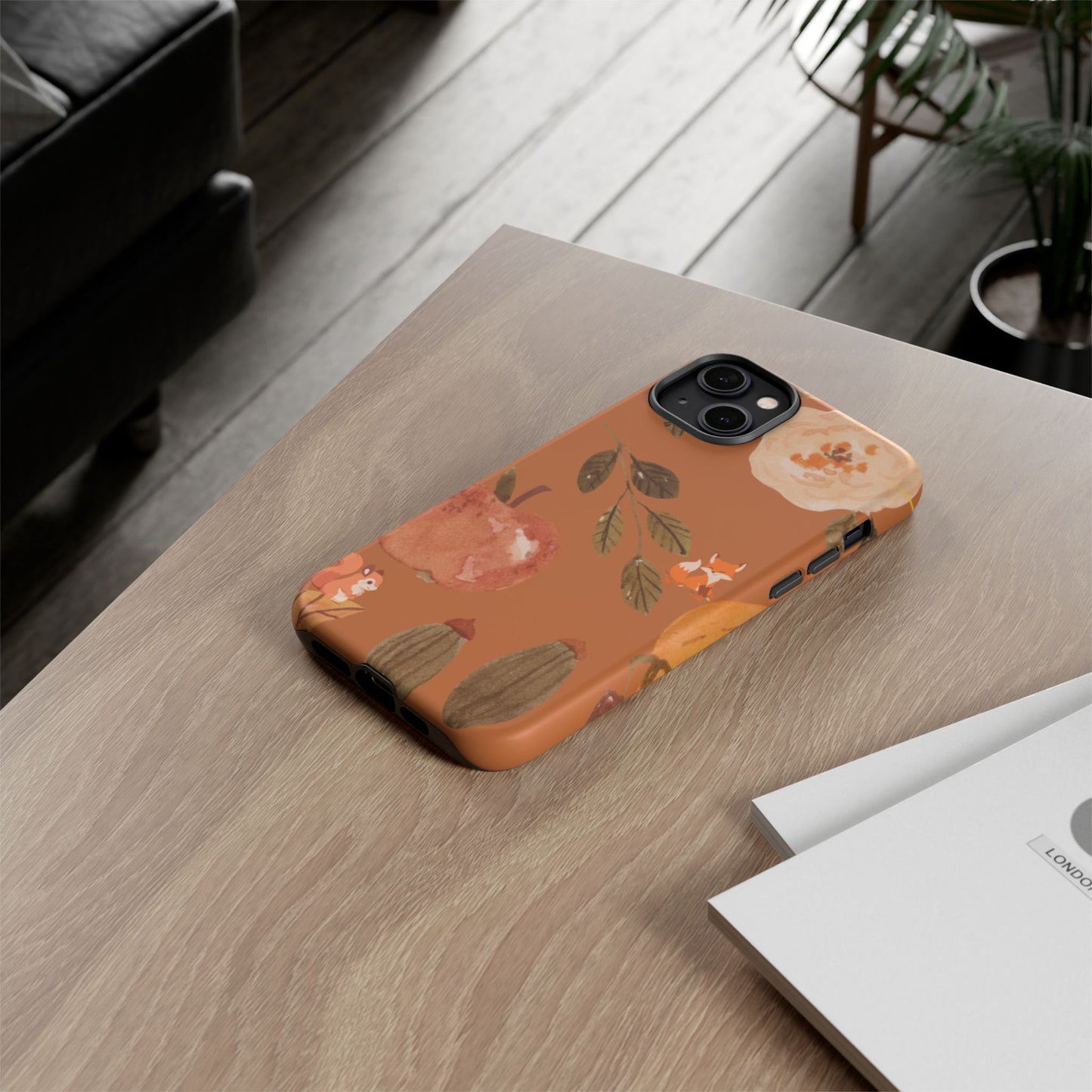 Cozy Autumn Phone Case, Fall-Themed Protective Cover, Cute Nature Design, Squirrel and Apple Motif, Cozy Gift for Nature Lovers
