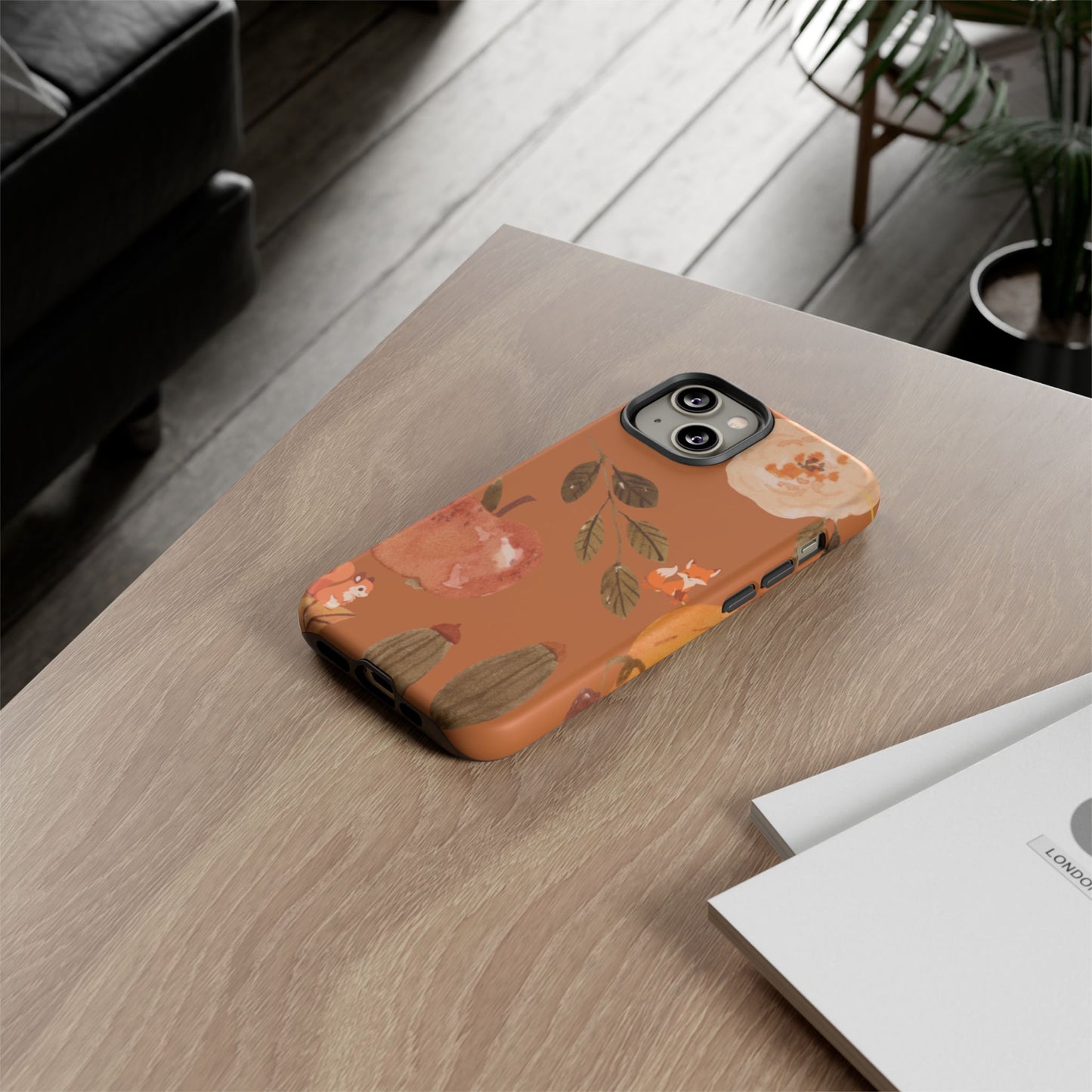 Cozy Autumn Phone Case, Fall-Themed Protective Cover, Cute Nature Design, Squirrel and Apple Motif, Cozy Gift for Nature Lovers