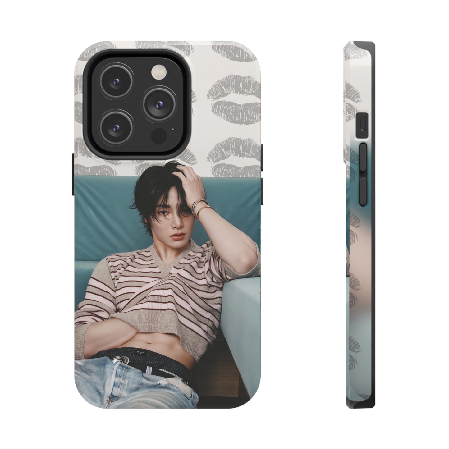 Jeongin Tough Phone Case — Retro Kiss Pattern with Relaxed Model Photo