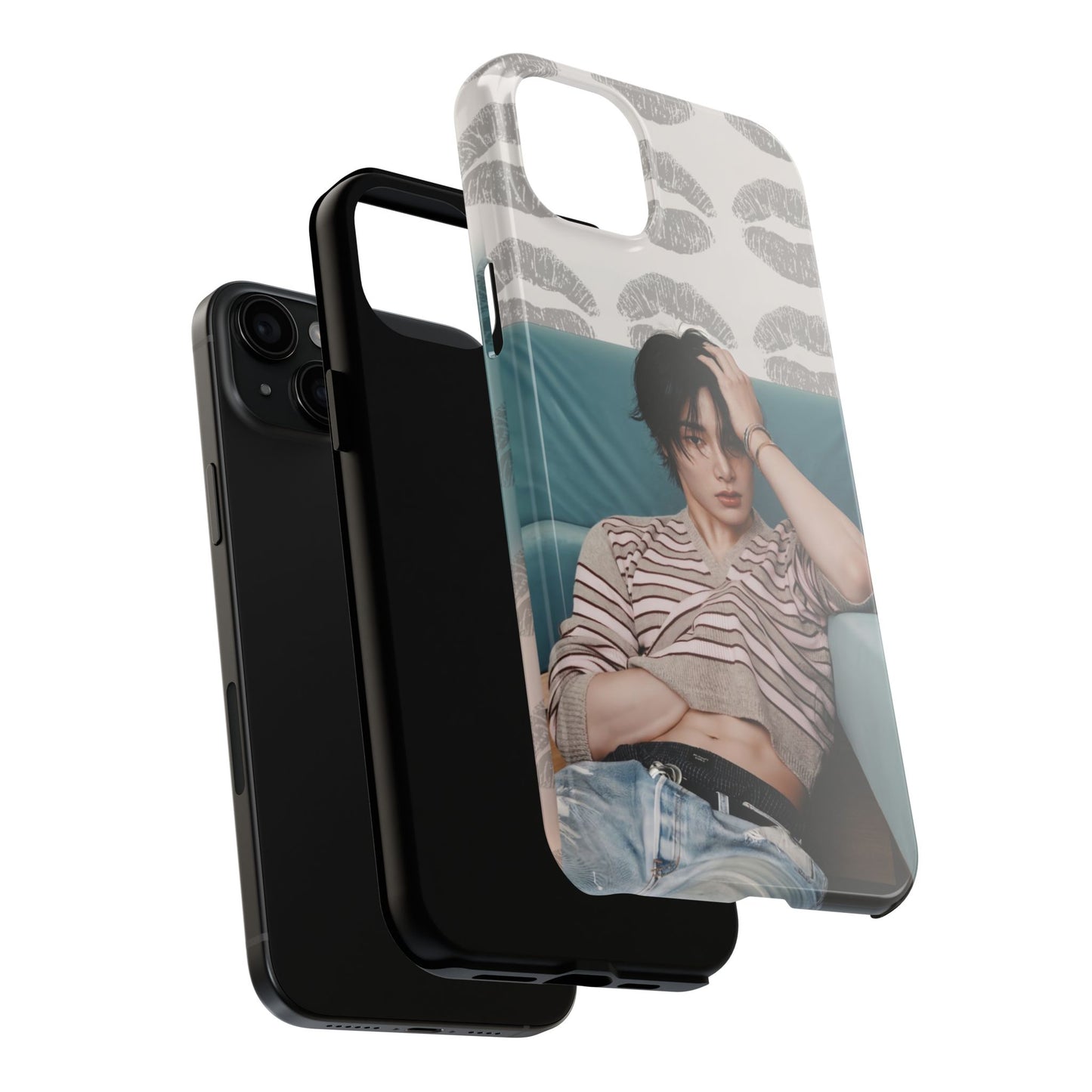 Jeongin Tough Phone Case — Retro Kiss Pattern with Relaxed Model Photo