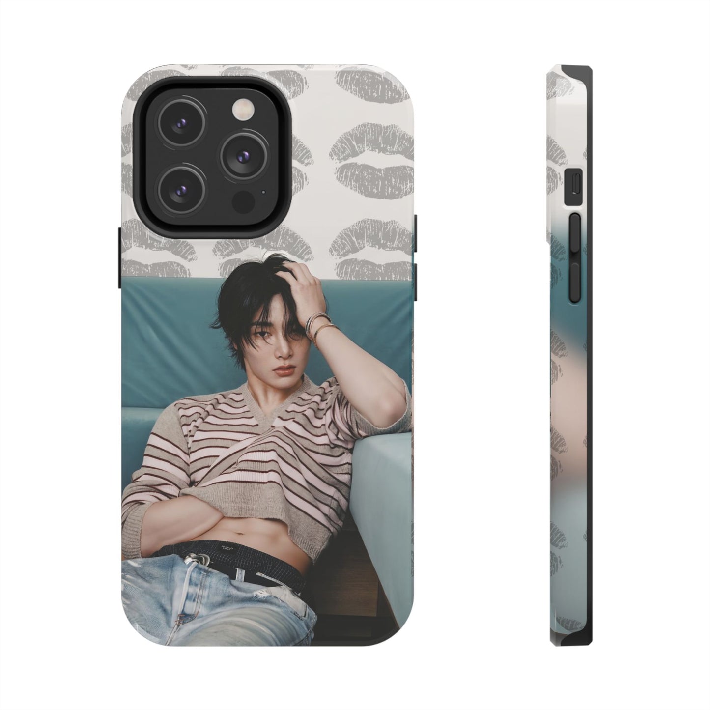 Jeongin Tough Phone Case — Retro Kiss Pattern with Relaxed Model Photo