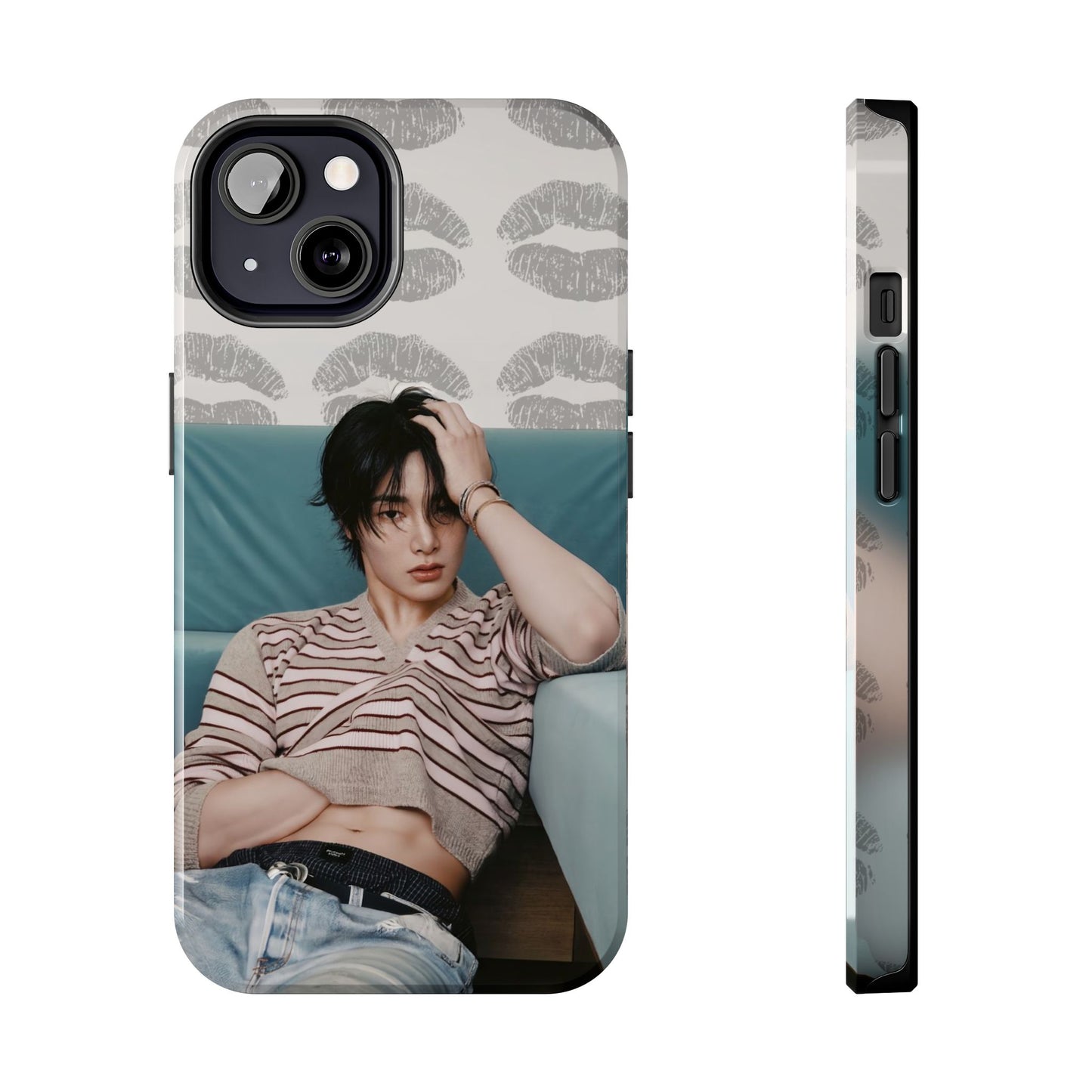 Jeongin Tough Phone Case — Retro Kiss Pattern with Relaxed Model Photo
