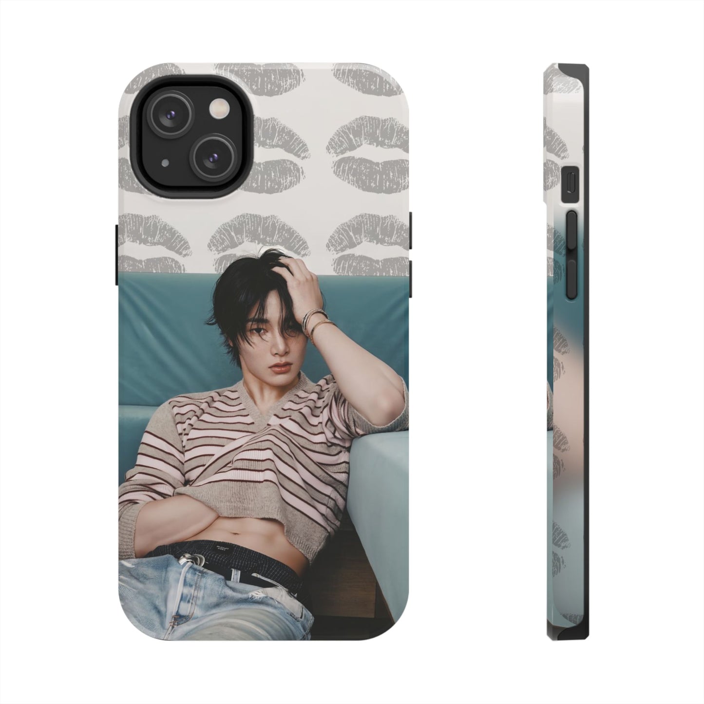 Jeongin Tough Phone Case — Retro Kiss Pattern with Relaxed Model Photo