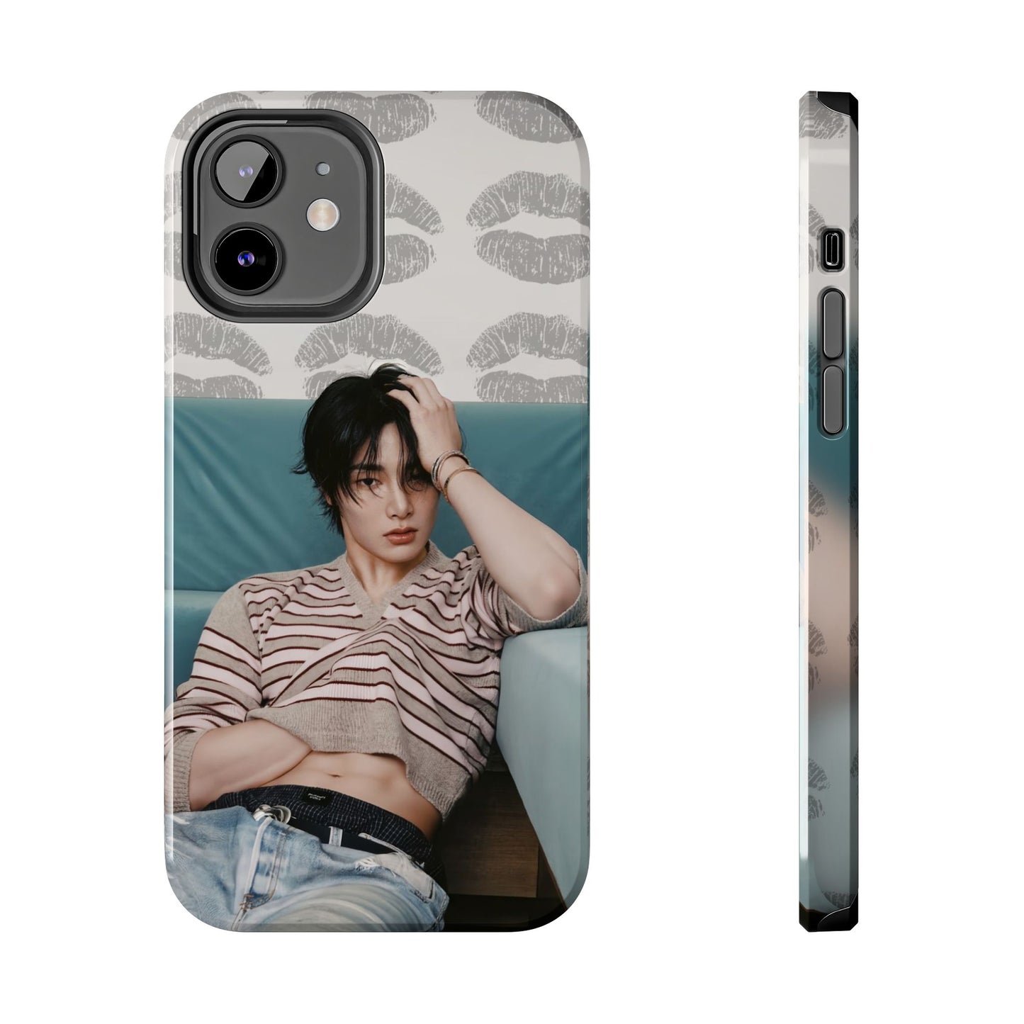 Jeongin Tough Phone Case — Retro Kiss Pattern with Relaxed Model Photo