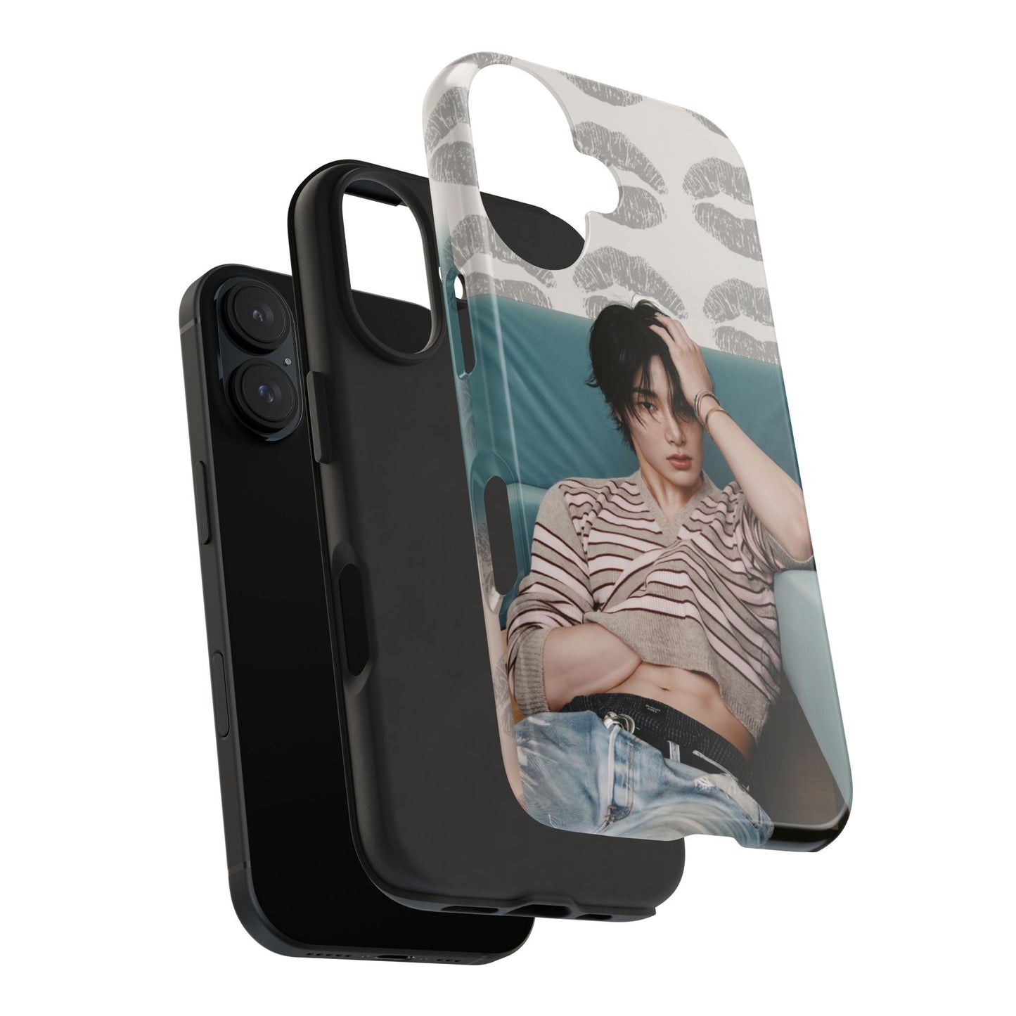 Jeongin Tough Phone Case — Retro Kiss Pattern with Relaxed Model Photo