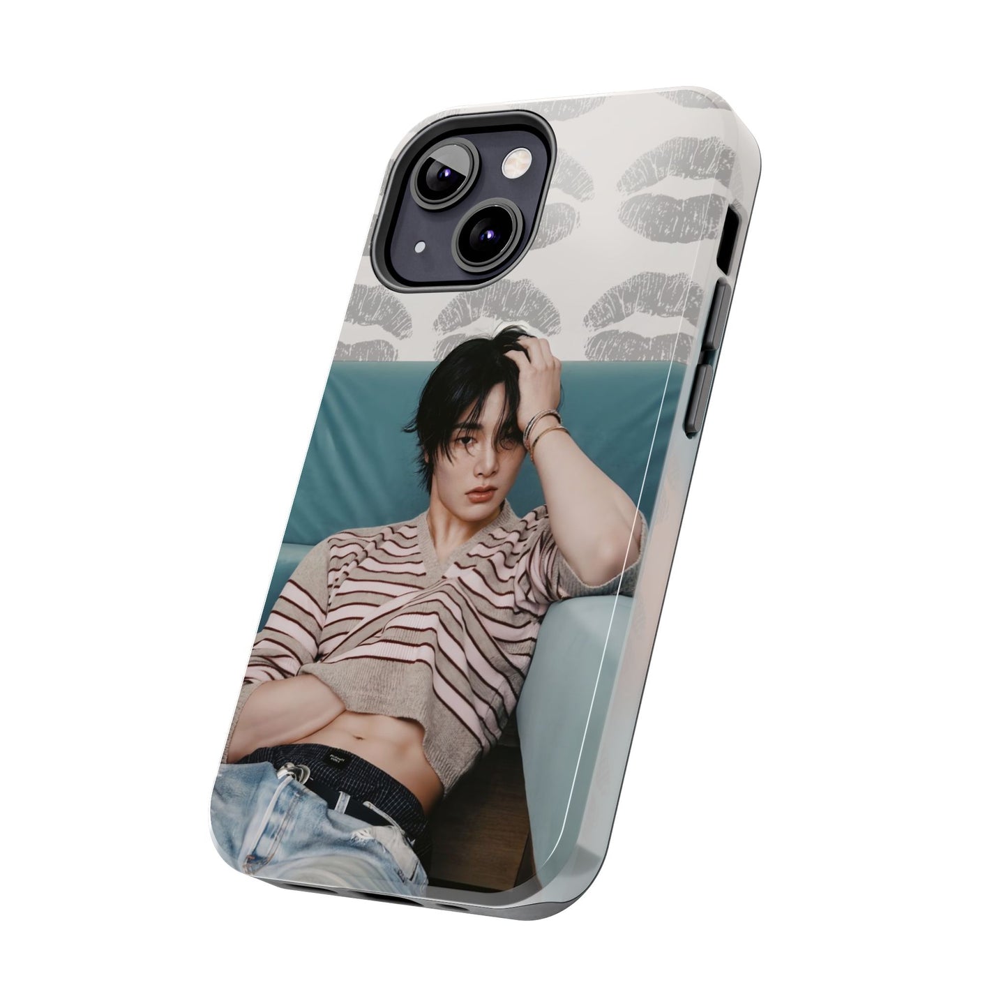Jeongin Tough Phone Case — Retro Kiss Pattern with Relaxed Model Photo