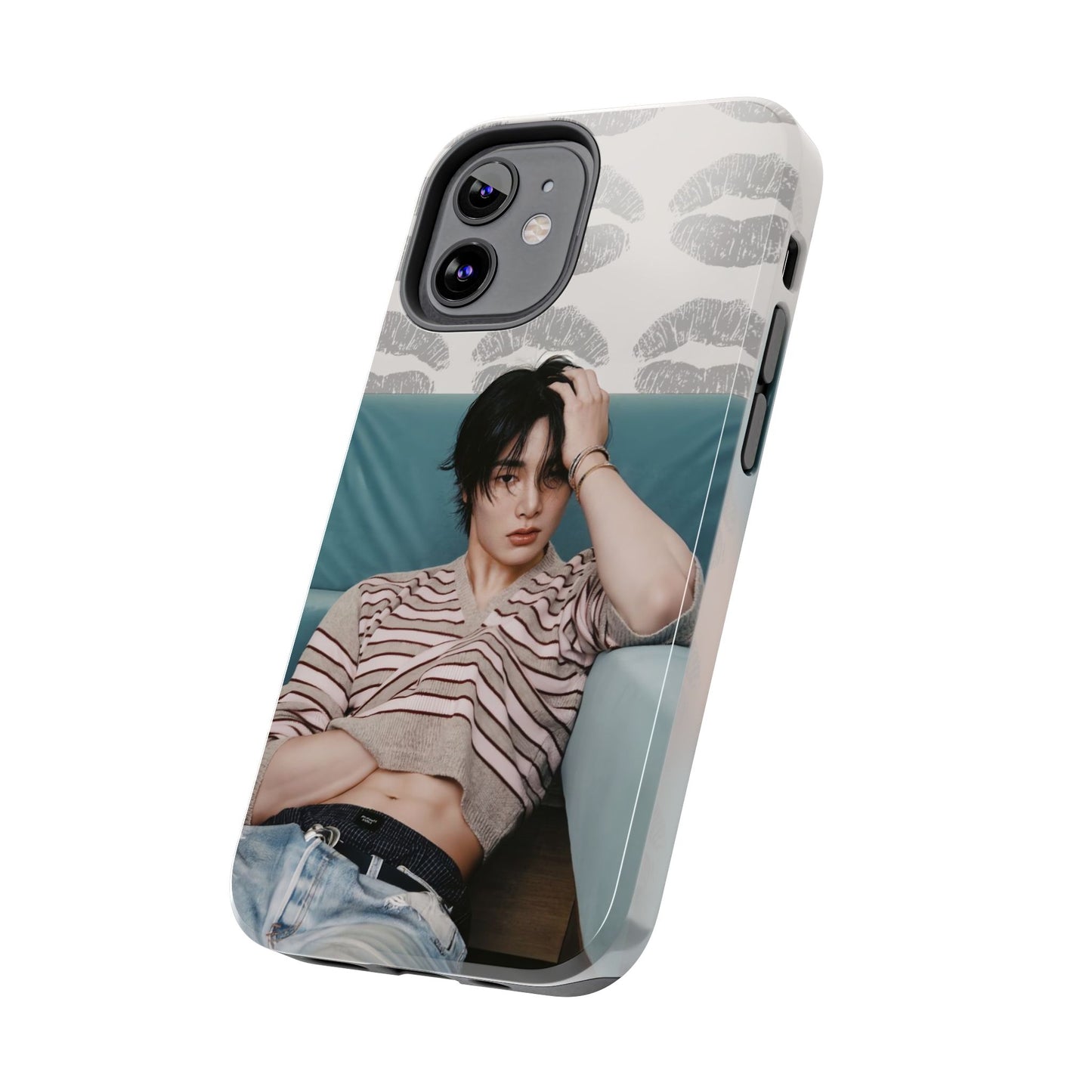 Jeongin Tough Phone Case — Retro Kiss Pattern with Relaxed Model Photo