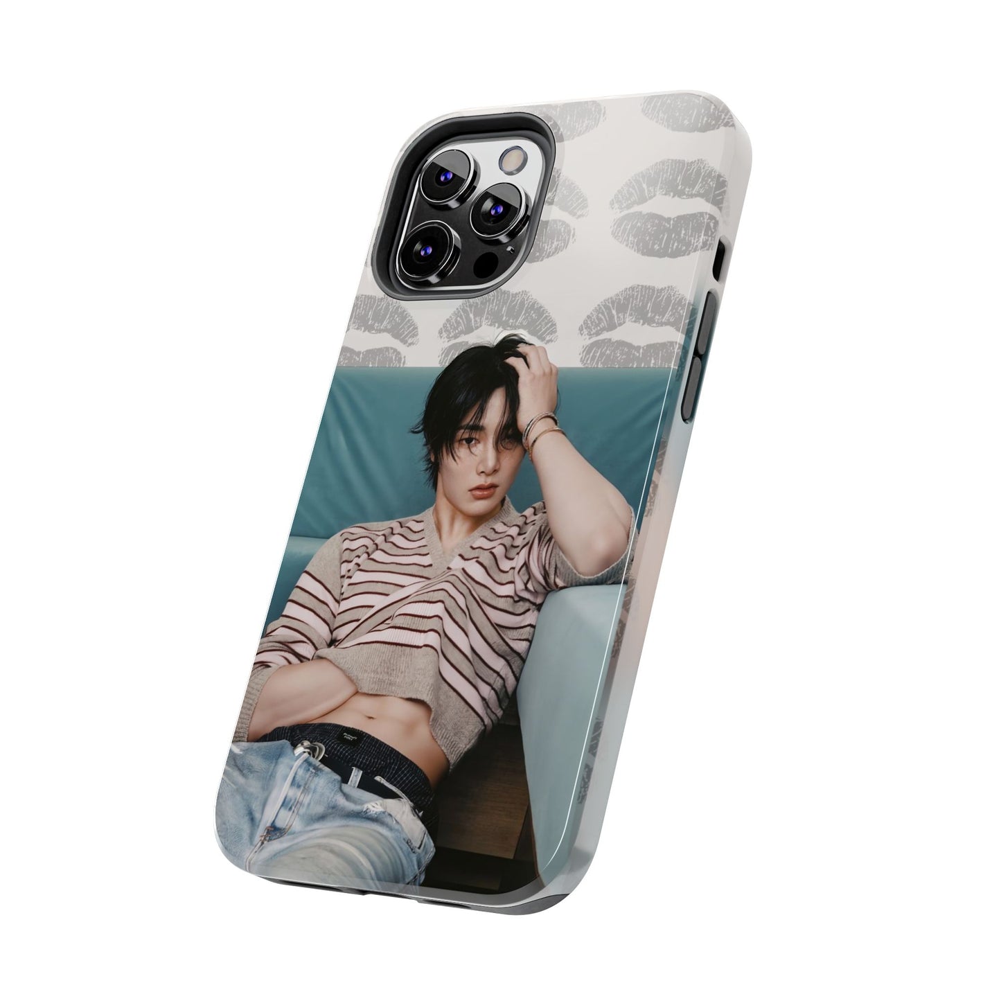 Jeongin Tough Phone Case — Retro Kiss Pattern with Relaxed Model Photo