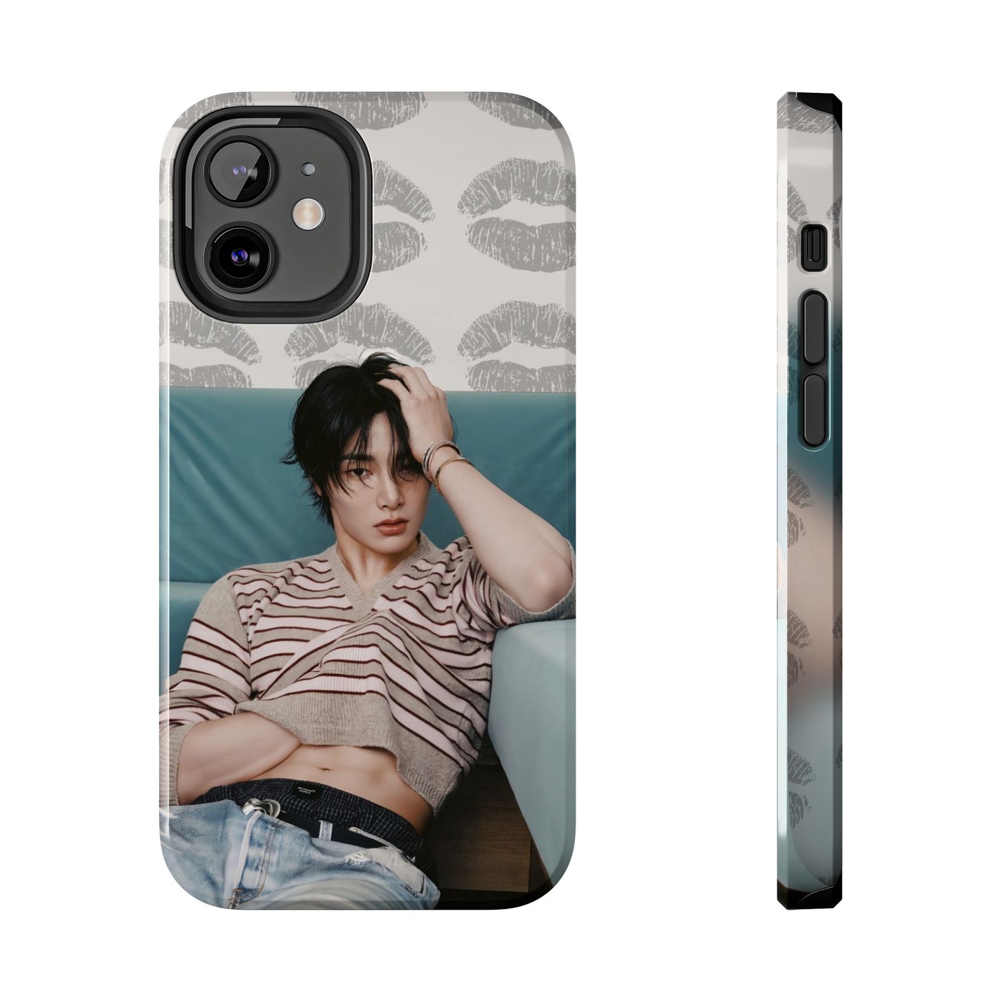 Jeongin Tough Phone Case — Retro Kiss Pattern with Relaxed Model Photo