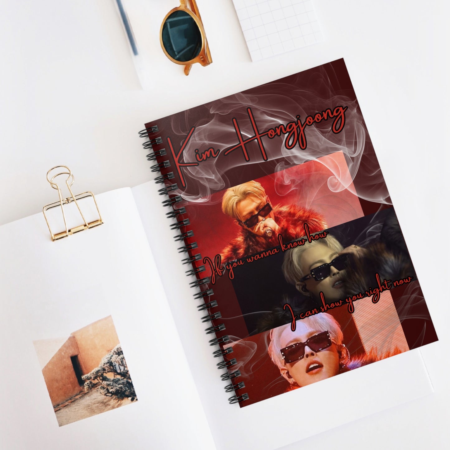 Kim Hongjoong Ruled Spiral Notebook — Retro Red Collage Design