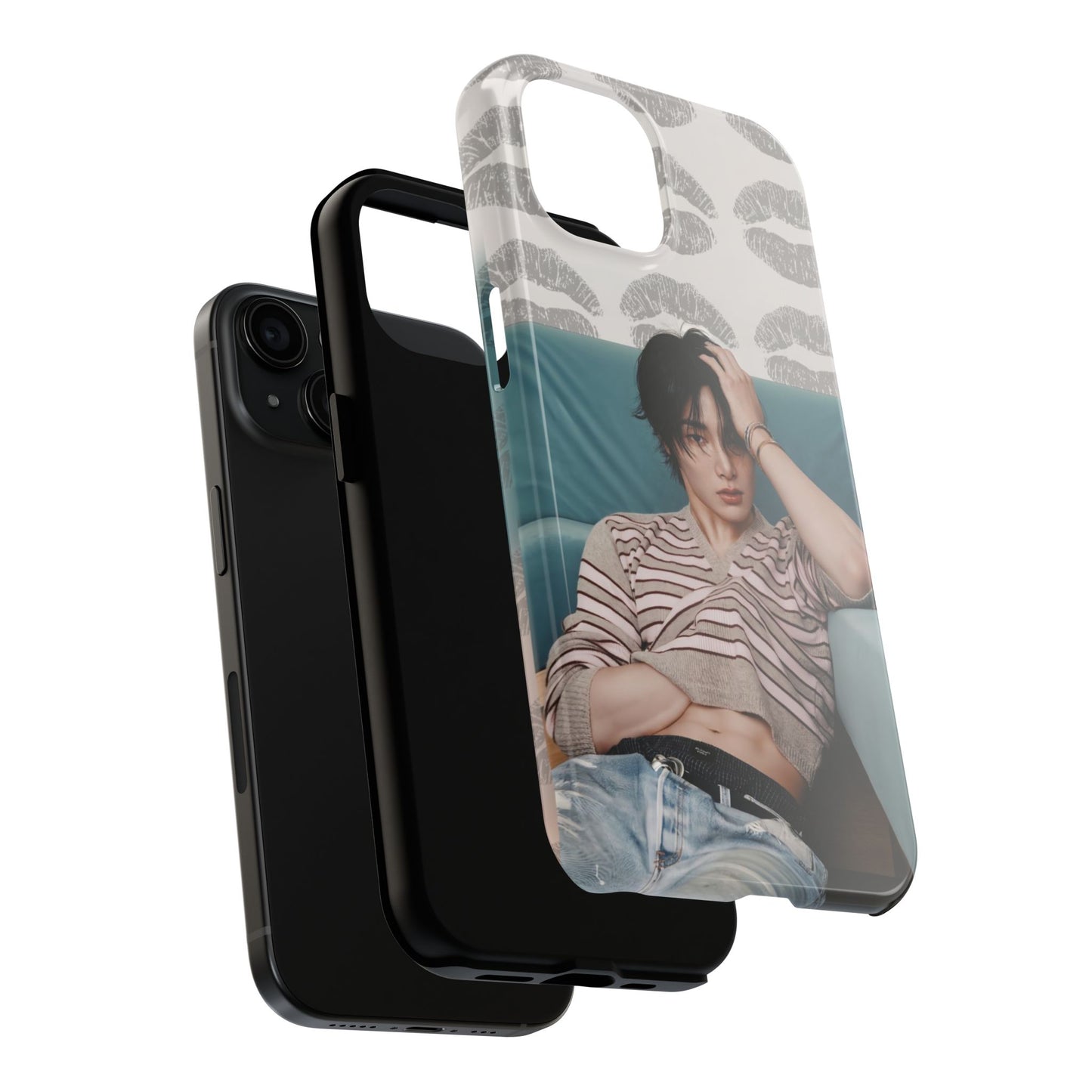 Jeongin Tough Phone Case — Retro Kiss Pattern with Relaxed Model Photo