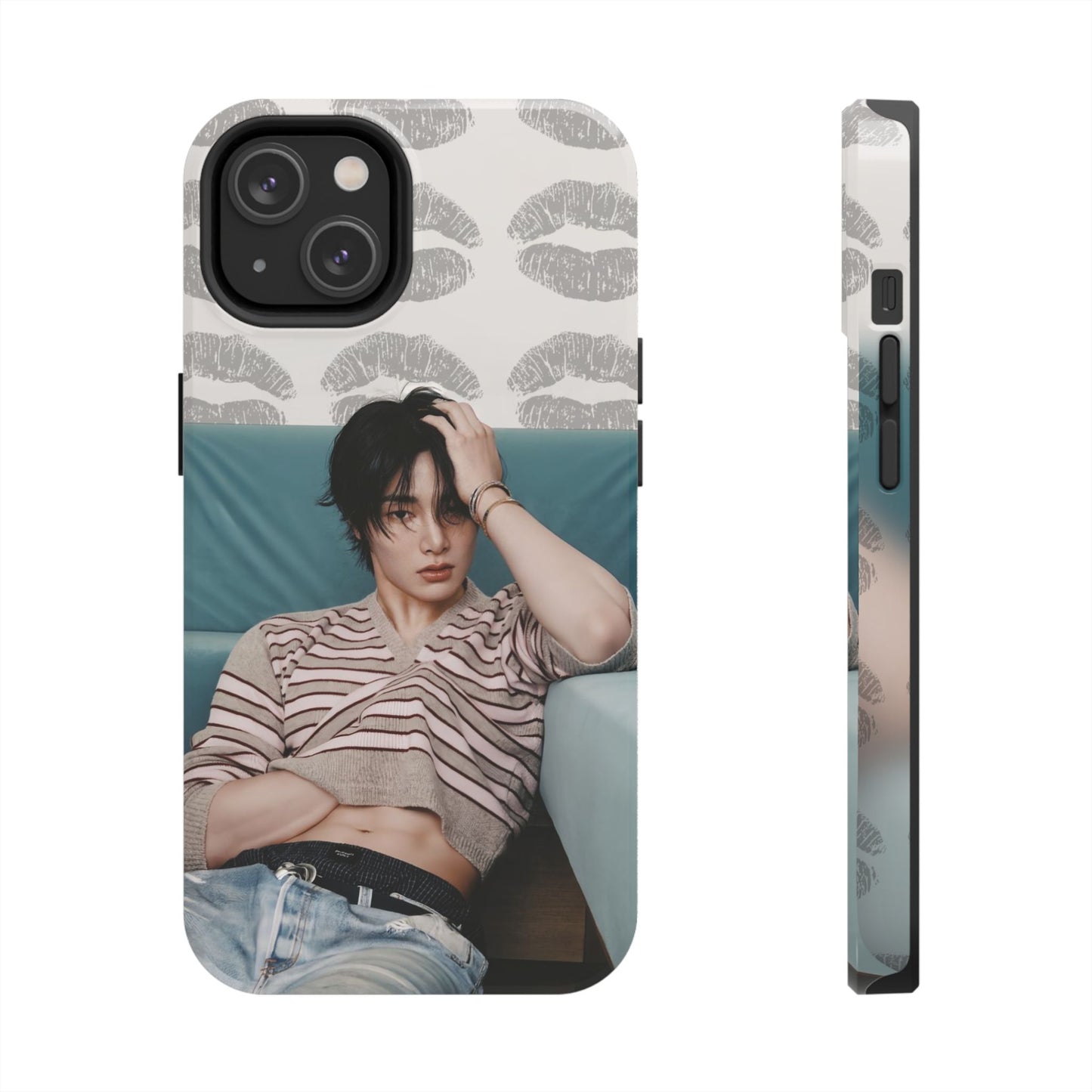 Jeongin Tough Phone Case — Retro Kiss Pattern with Relaxed Model Photo