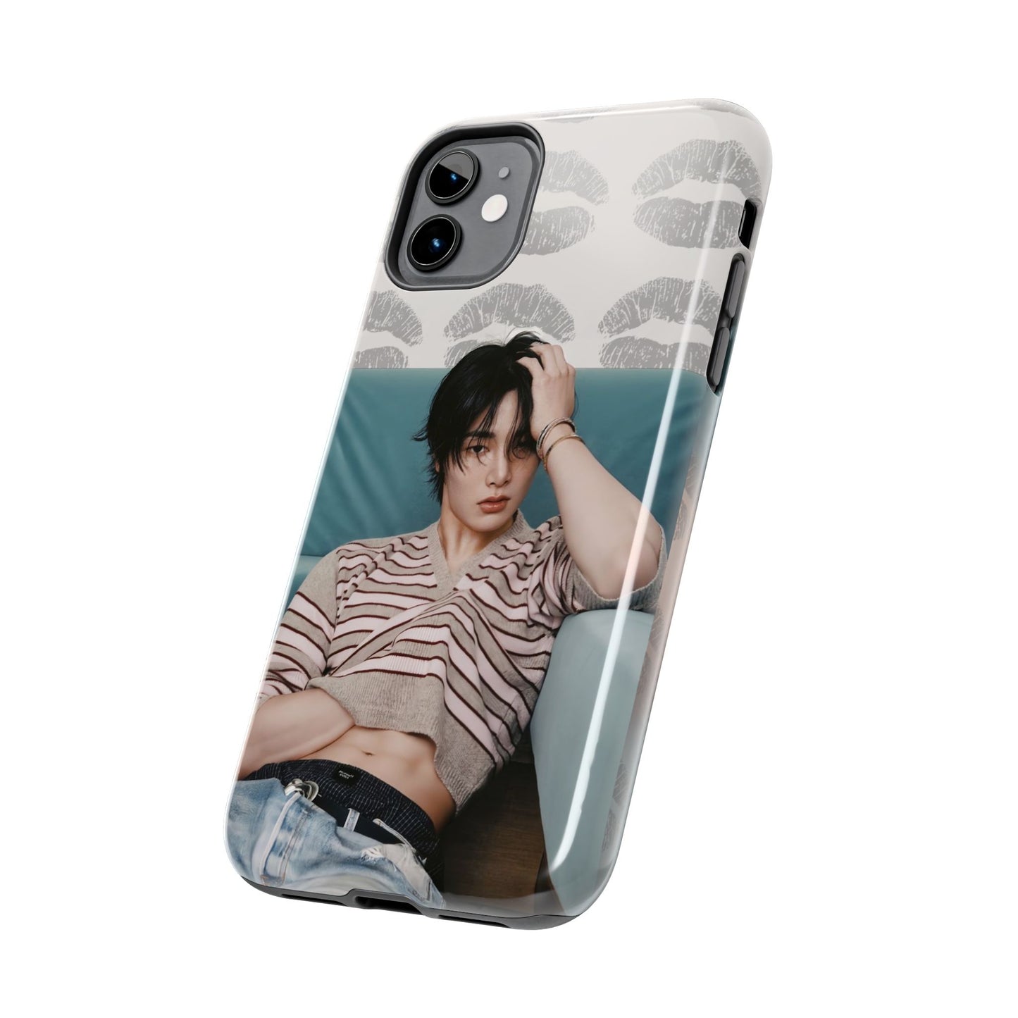 Jeongin Tough Phone Case — Retro Kiss Pattern with Relaxed Model Photo