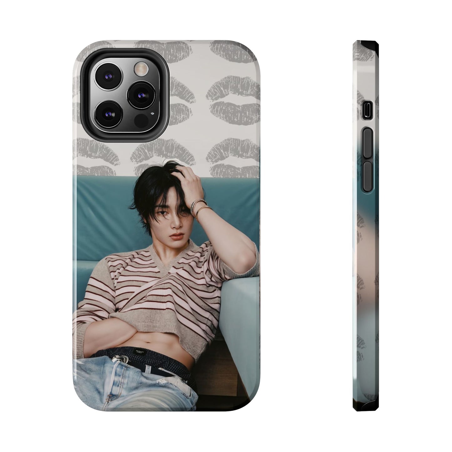 Jeongin Tough Phone Case — Retro Kiss Pattern with Relaxed Model Photo