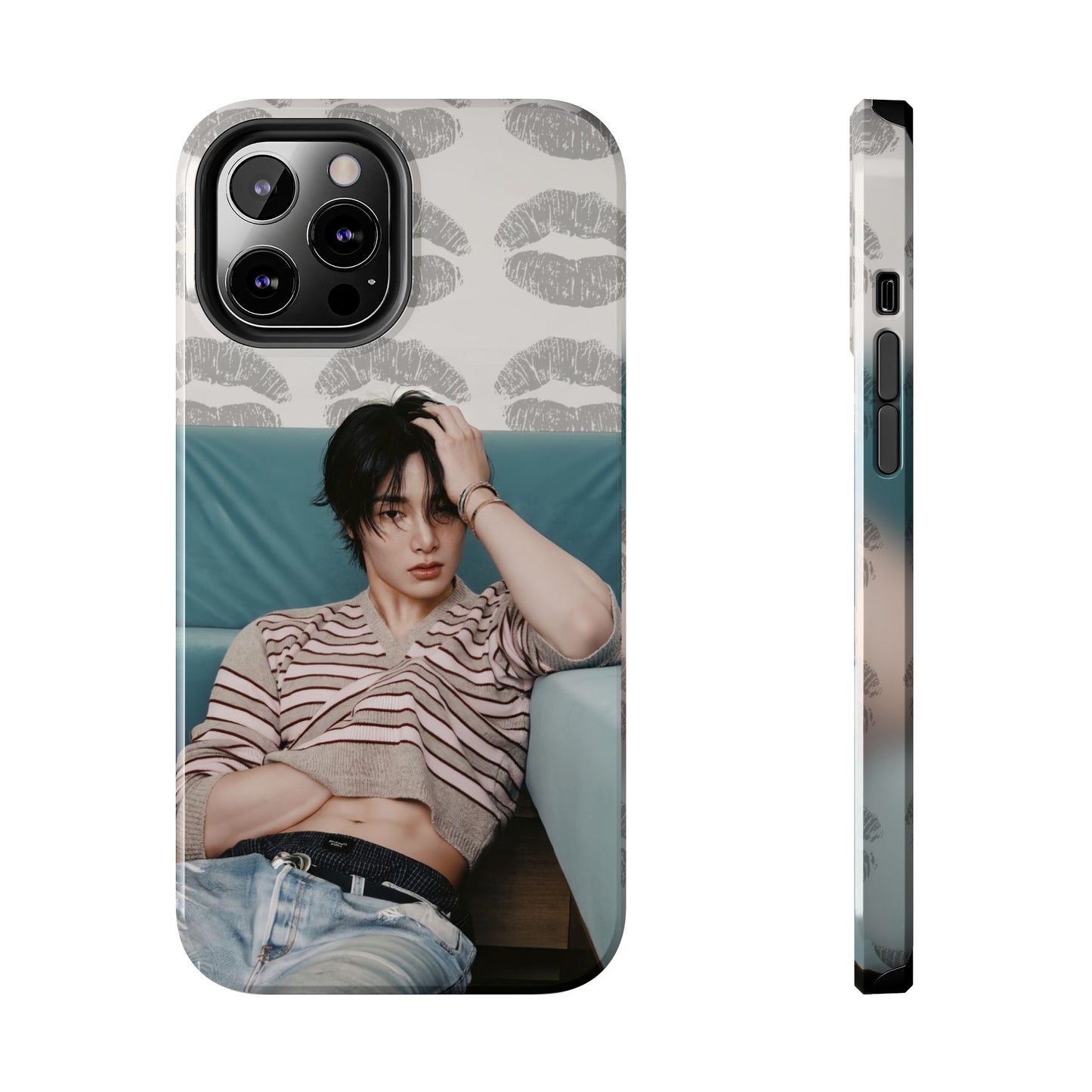 Jeongin Tough Phone Case — Retro Kiss Pattern with Relaxed Model Photo